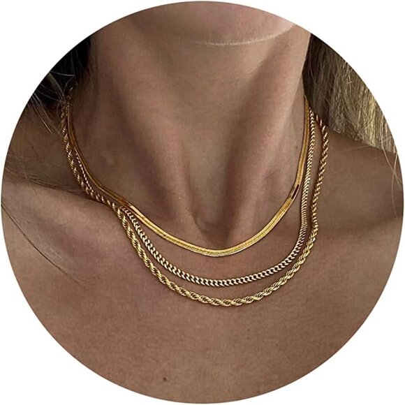 Three-Piece 14K Gold Plated Necklaces: Chic Snake & Herringbone Chains - Picture 1 of 8